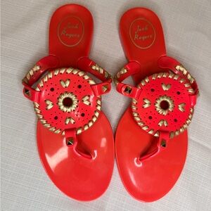 Jack Rogers Red Sandals with Gold Medallion Detail